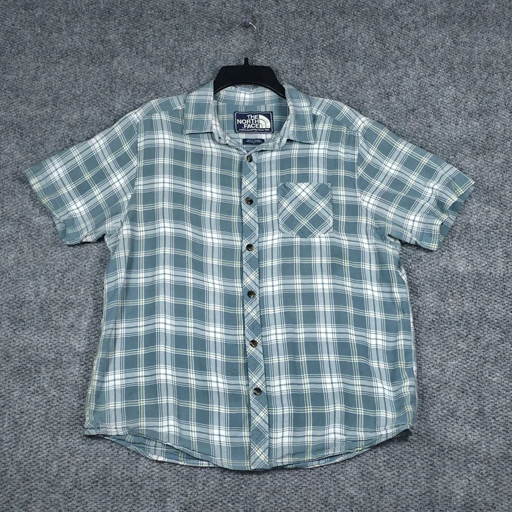 The North Face Plaid Short Sleeve Button Down Men's‎ Shirt Large Blue White